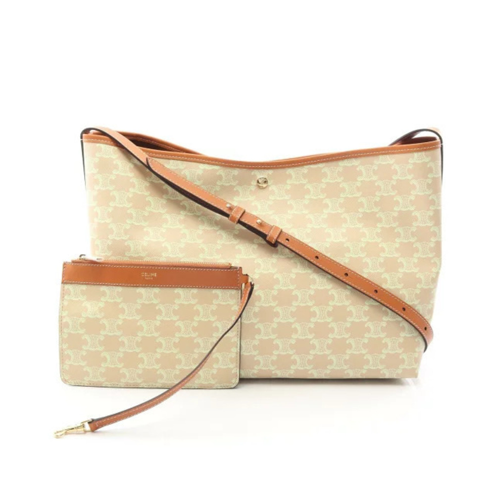 Celine Soft Shopper Bag Triomphe Shoulder Canvas Leather Beige Cream Green Brown